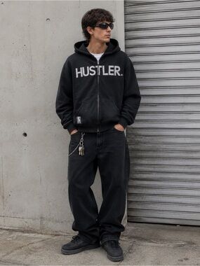 Hustler Hardcore Since ‘ 74 Full Zip Hoodie Black Embroidered Logo Size Large